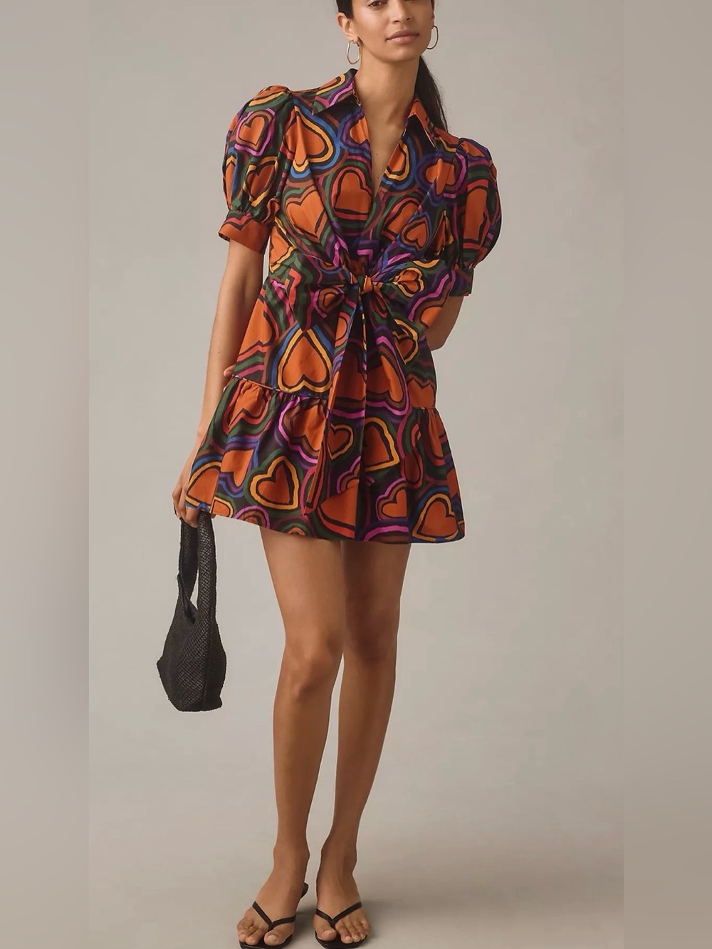 Farm Rio For Anthropologie Heart-Print Mini Dress, Front Bow, Short Sleeve, S